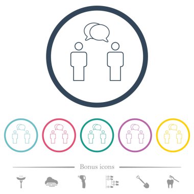 Oval baloncuklu iki konuşan insan yuvarlak çizgilerde düz renkli ikonlar çiziyor. 6 bonus simgesi dahil.