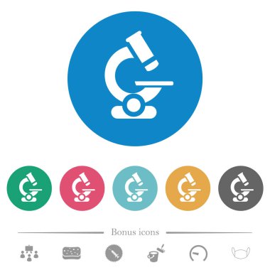 Mikroskop düz beyaz simgeler, yuvarlak renkli arkaplanlar. 6 bonus simgesi dahil.