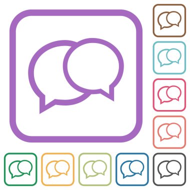 İki oval sohbet kabarcığı beyaz arkaplanda renkli yuvarlak kare çerçeveler halinde basit simgeleri özetliyor