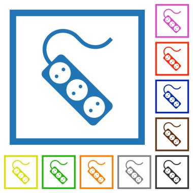 Üç soketli taşınabilir elektrik prizi ve beyaz arkaplanda kare çerçeveli düz kablo renk simgeleri