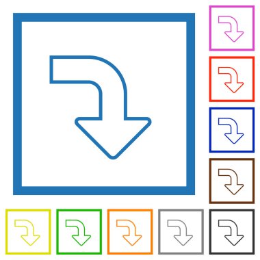 Sağ alt taraf ok ana hatları düz renk simgeleri beyaz arkaplan üzerindeki kare çerçeveler