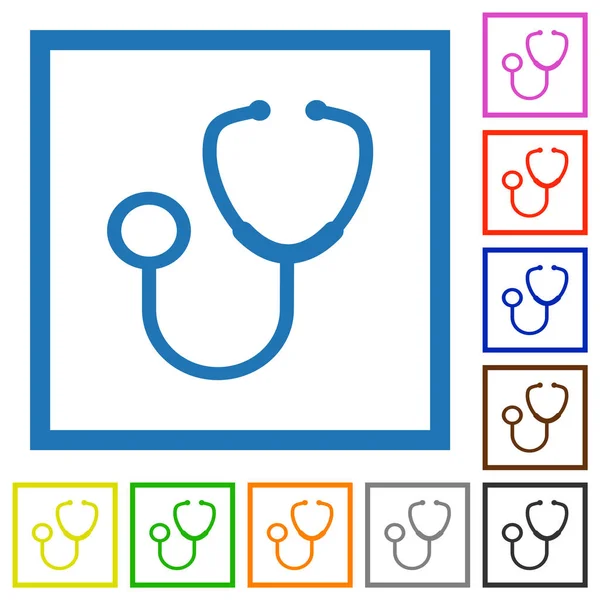 Stethoscope Flat Color Icons Square Frames White Background — Stock Vector