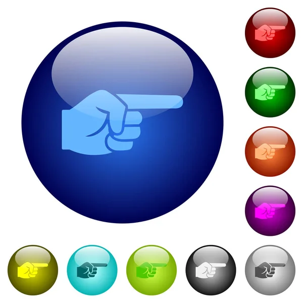右手指向圆形玻璃按钮上多个颜色的固体图标 安排层次结构 — 图库矢量图片