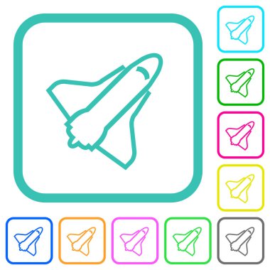 Uzay mekiği beyaz arkaplan üzerinde eğimli sınırlarda canlı renkli düz simgeler çizer