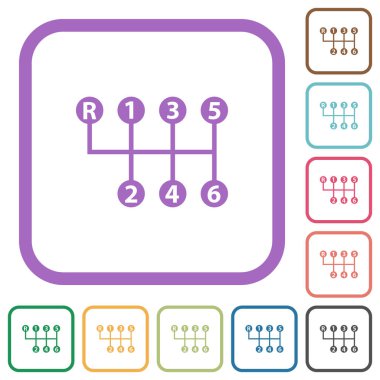 Beyaz arkaplanda altı hız manuel vites kayması basit renkli yuvarlak kare çerçeveler simgeleri