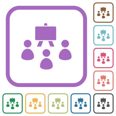 Beyaz arkaplanda renkli yuvarlak kare çerçeveler halinde katı basit simgeler