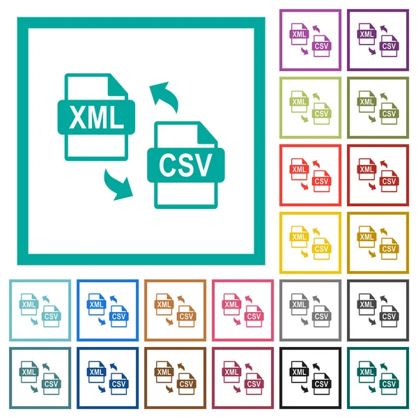 Xml Csv File Conversion Flat Color Icons Quadrant Frames White — Stock Vector