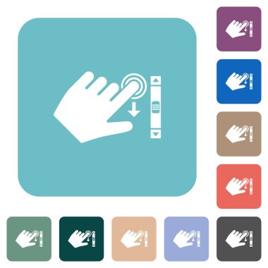 Renkli yuvarlak kare arkaplan üzerine jest beyaz düz simgeleri aşağı kaydırın