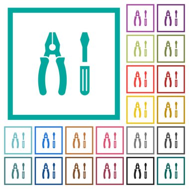 Beyaz arkaplanda çeyrek çerçeve ile birleştirilmiş pense ve tornavida düz renk simgeleri