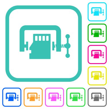 Mikro sd hafıza kartı beyaz arkaplan üzerinde kıvrımlı sınırlarda katı renkli düz simgeleri sıkıştırır