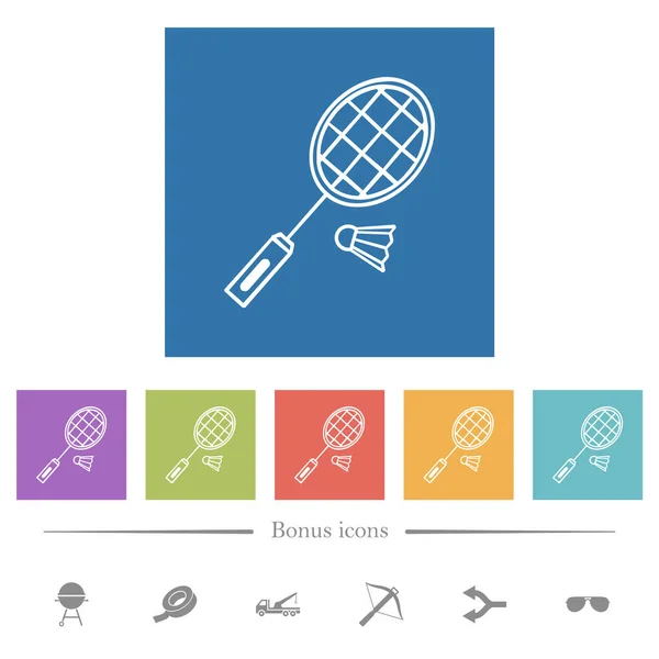 羽毛球球拍和羽毛球在正方形背景下勾勒出扁平的白色图标 包括6个奖金图标 — 图库矢量图片