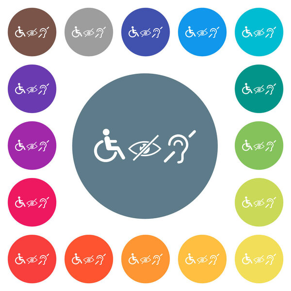 Disability symbols flat white icons on round color backgrounds. 17 background color variations are included.