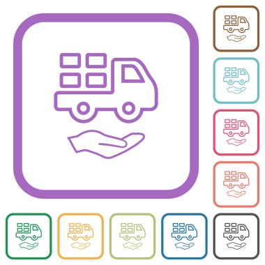 Kurye hizmetleri, beyaz arkaplanda renkli yuvarlak kare çerçeveler halinde basit simgeleri özetliyor