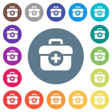 İlk yardım çantası yuvarlak renkli arka planda düz beyaz simgeler. 17 arkaplan renk varyasyonu dahil.