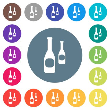 Yuvarlak renkli arka planda düz beyaz simgeli iki şişe. 17 arkaplan renk varyasyonu dahil.
