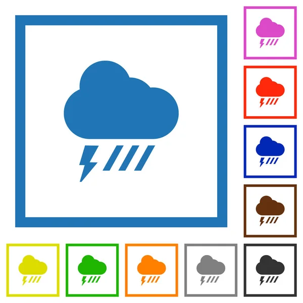 Stormy Downpour Weather Flat Color Icons Square Frames White Background — Stock Vector