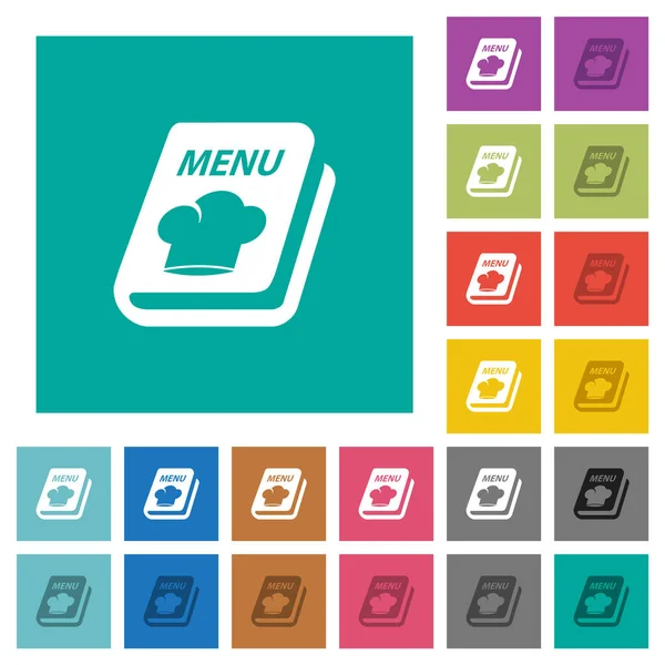 Menü Mit Kochmütze Mehrfarbige Flache Symbole Auf Einfachen Quadratischen Hintergründen — Stockvektor