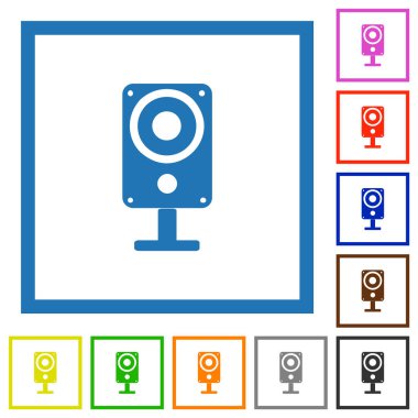 Beyaz arkaplanda kare çerçeveli müzik hoparlörü düz renk simgeleri