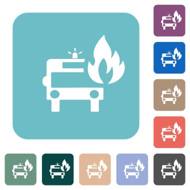 Renkli yuvarlak kare arkaplan üzerine alev beyazı simgeli itfaiye motoru
