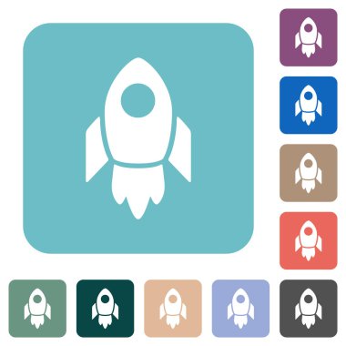 Renkli yuvarlak kare arkaplan üzerine roket beyazı düz simgeler