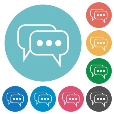 İki yuvarlak kare aktif sohbet baloncukları yuvarlak renkli arkaplan üzerinde düz beyaz simgeler ana hatları