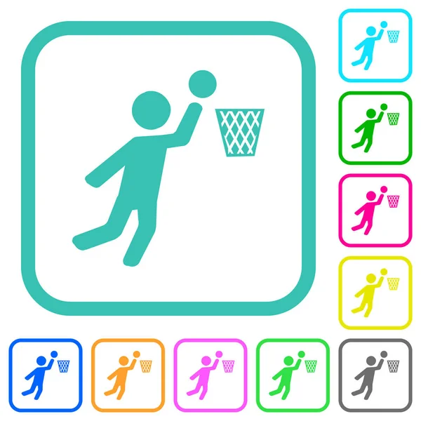 Joueur Basket Ball Vives Icônes Plates Couleur Dans Les Bordures — Image vectorielle