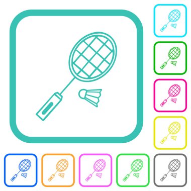 Badminton raketi ve servis horozu beyaz arkaplandaki kıvrımlı sınırlarda canlı renkli düz simgeler çiziyor