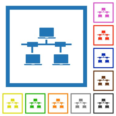 Beyaz arkaplanda kare çerçevelerde bilgisayar ağı düz renk simgeleri