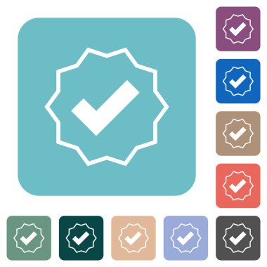 Renkli yuvarlak kare arkaplan üzerine onaylanmış beyaz düz simgeler