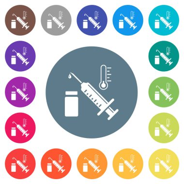 Aşı depolama sıcaklığı yuvarlak renkli arka planda düz beyaz simgeler. 17 arkaplan renk varyasyonu dahil.