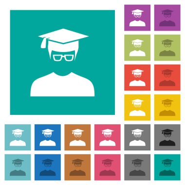 Mezun olmuş erkek avatar düz arkaplan üzerinde çok renkli düz ikonlar. Uçan veya etkin efektler için beyaz ve koyu simge varyasyonları.