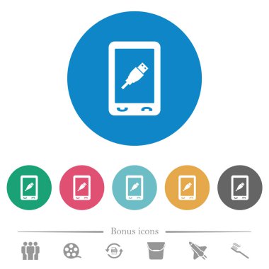 Gezici usb bağlantısı yuvarlak renkli arka planda düz beyaz simgeler. 6 bonus simgesi dahil.