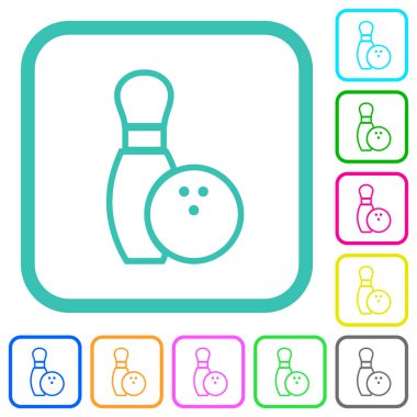 Bowling pimi ve top ana hatları beyaz zemin üzerinde eğri kenarlarda canlı renkli düz simgeler