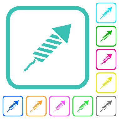 Beyaz zemin üzerinde eğri kenarlı düz simgelerde havai fişek roketi canlı düz simgeleri