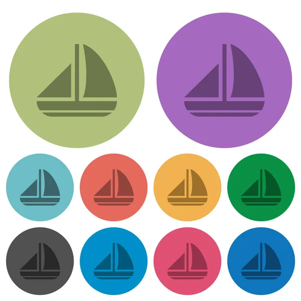 色の丸い背景にボート固体暗いフラットアイコンをセーリング — ストックベクタ