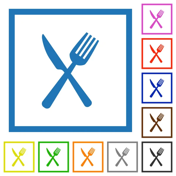 Fork Knife Crossed Position Flat Color Icons Square Frames White — Stock Vector
