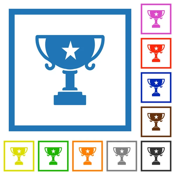 Κύπελλο Trophy Αστέρι Στερεά Επίπεδη Χρώμα Εικονίδια Τετράγωνα Πλαίσια Λευκό — Διανυσματικό Αρχείο