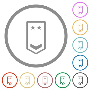 Beyaz arkaplanda yuvarlak çizgiler halinde bir simge ve iki yıldız düz renk simgesine sahip askeri amblemler.