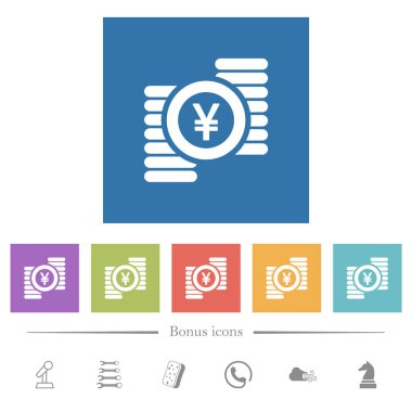 Yen coins flat white icons in square backgrounds. 6 bonus icons included.