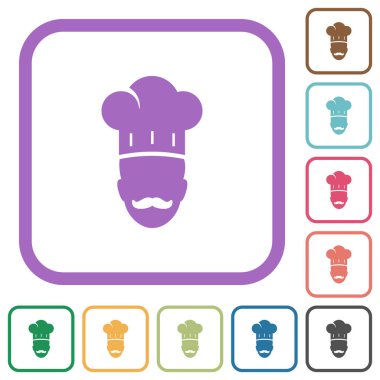 Bıyıklı usta şef, beyaz arkaplanda renkli, yuvarlak kare çerçeveli simgeler.
