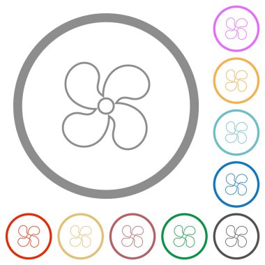 Otomobil fan düz renk simgeleri beyaz arkaplan üzerinde yuvarlak ana hatlar