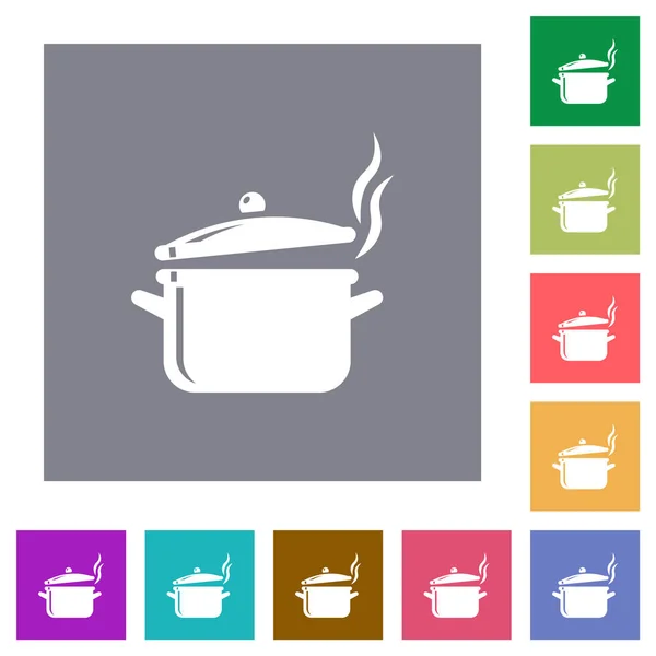 stock vector Steaming glossy pot with lid flat icons on simple color square backgrounds