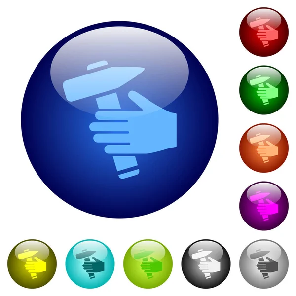 用锤子在圆形玻璃按钮上用多种颜色的手做图标 安排层次结构 — 图库矢量图片