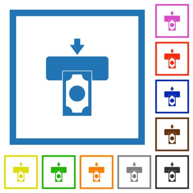 Beyaz arkaplanda kare çerçeveli ATM düz renk simgeleri