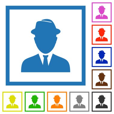 Beyaz arkaplanda kare çerçeveli casus avatar düz renk simgeleri