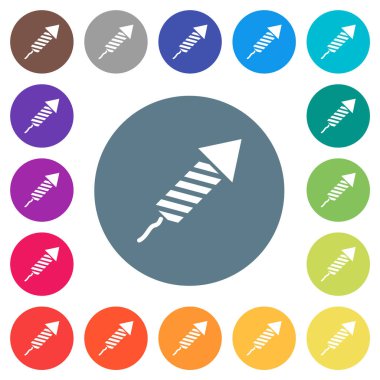 Havai fişek roketinin düz beyaz simgeleri yuvarlak renkli arka planda. 17 arkaplan renk varyasyonu dahil.