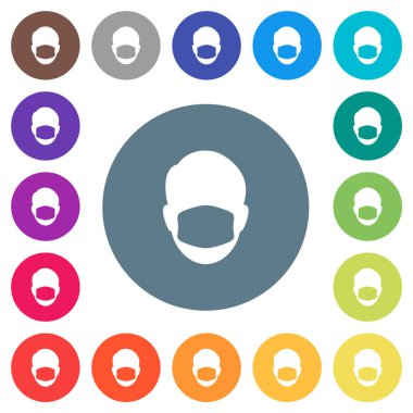 Tıbbi maskeli düz beyaz simgeli yüz yuvarlak renkli arka planda. 17 arkaplan renk varyasyonu dahil.