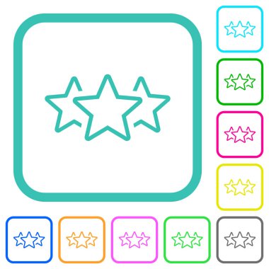 Beyaz arkaplan üzerinde eğimli sınırlarda üç yıldız derecelendirme ana hatları canlı renkli düz simgeler