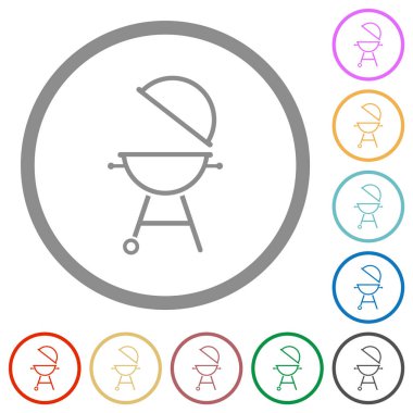 Açık kapaklı barbekü ızgarası. Beyaz arkaplanda yuvarlak çizgiler halinde düz renk simgeleri.