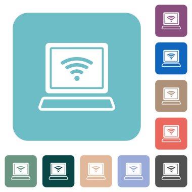 Kablosuz sembollü dizüstü bilgisayar. Renkli yuvarlak kare arkaplan üzerine beyaz düz simgeler.